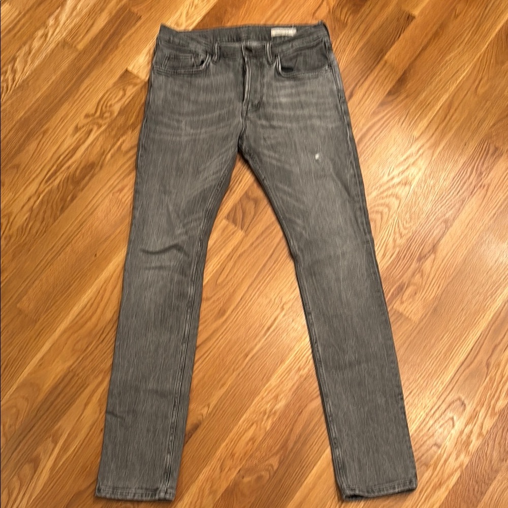 All Saints Gray Straight Leg Jeans with Distressed Details